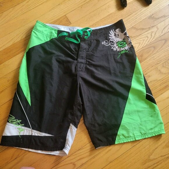 Gotcha Swim Trunks Board Shorts  34 Black Green Lined Polyester Pocket - Picture 1 of 5